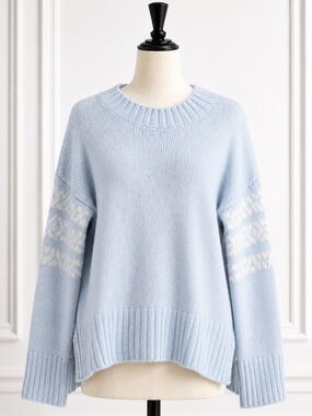WoolOvers Mohair Wool Blend Baby Blue Fair Isle‎ Sleeve Oversized Knit Sweater